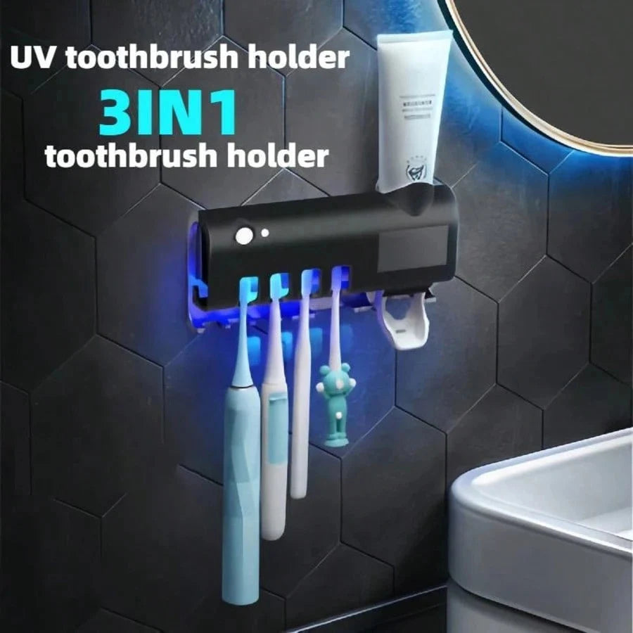 Upgraded 3-In-1 Electric Blue Light Disinfection Toothbrush Holder with Toothpaste Dispenser, Wall-Mounted No-Drill USB Charging