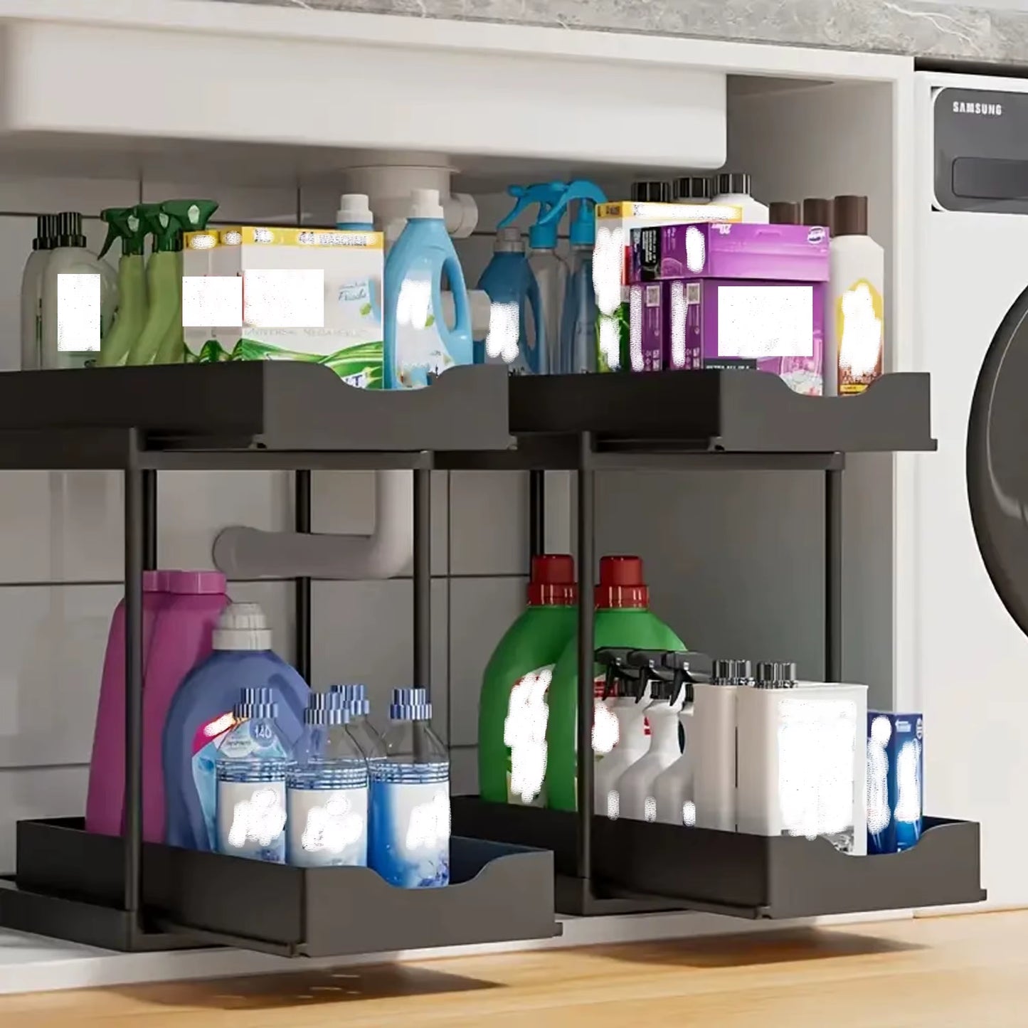 Double-Layer Pull-Out Kitchen Storage Rack, Non-Slip and Stable, Multifunctional Storage Box with Five Hooks, Under-Sink Brush Double-Layer Drawer Storage Rack, Suitable for Kitchen and Bathroom Countertop Sink Storage