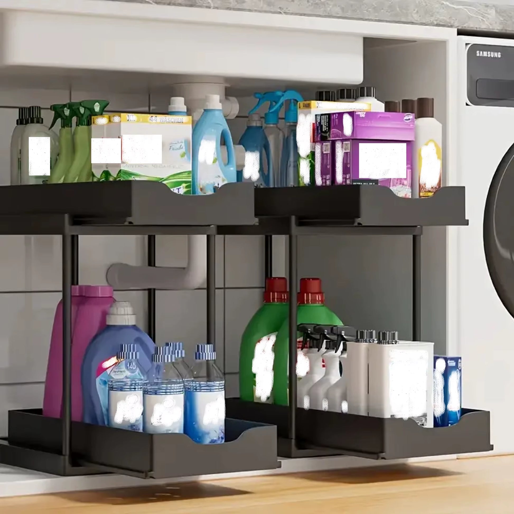 Double-Layer Pull-Out Kitchen Storage Rack, Non-Slip and Stable, Multifunctional Storage Box with Five Hooks, Under-Sink Brush Double-Layer Drawer Storage Rack, Suitable for Kitchen and Bathroom Countertop Sink Storage