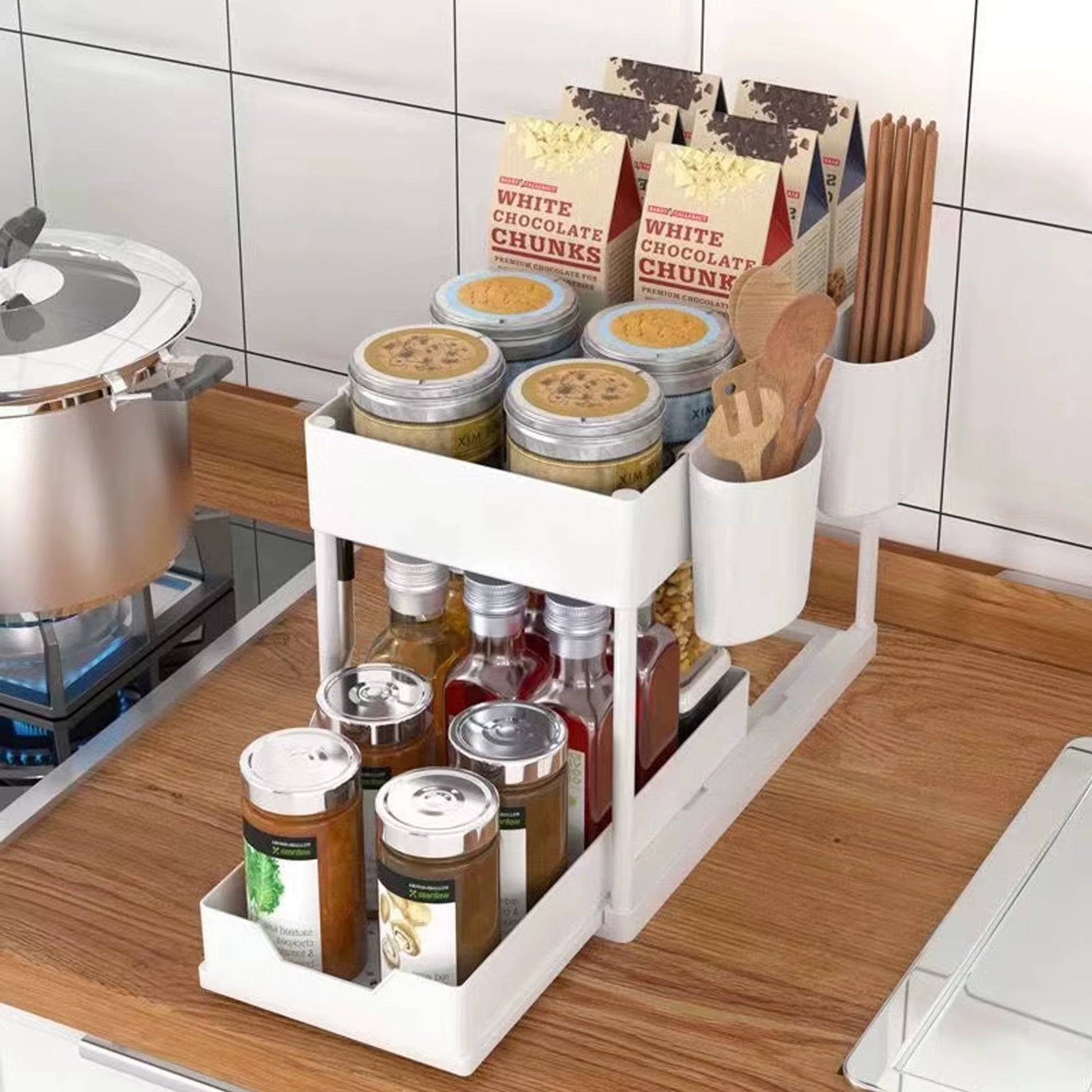 Double-Layer Pull-Out Kitchen Storage Rack, Non-Slip and Stable, Multifunctional Storage Box with Five Hooks, Under-Sink Brush Double-Layer Drawer Storage Rack, Suitable for Kitchen and Bathroom Countertop Sink Storage