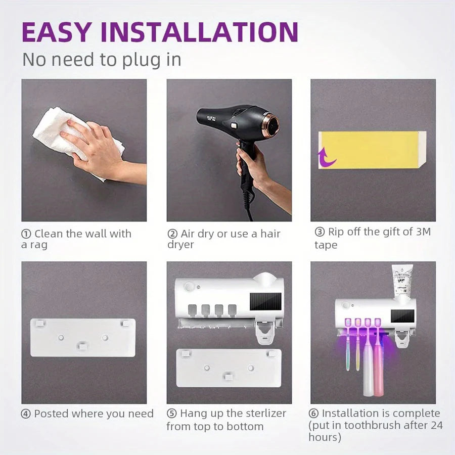 Upgraded 3-In-1 Electric Blue Light Disinfection Toothbrush Holder with Toothpaste Dispenser, Wall-Mounted No-Drill USB Charging