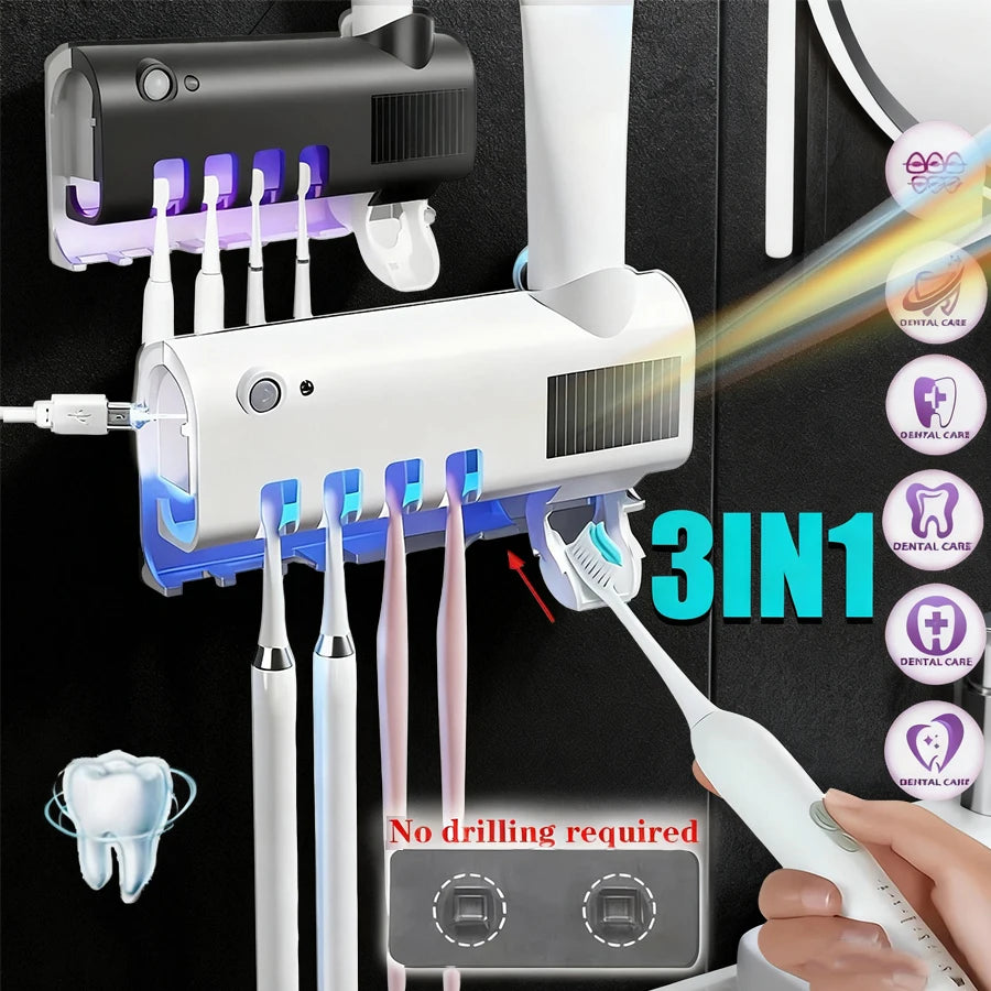 Upgraded 3-In-1 Electric Blue Light Disinfection Toothbrush Holder with Toothpaste Dispenser, Wall-Mounted No-Drill USB Charging