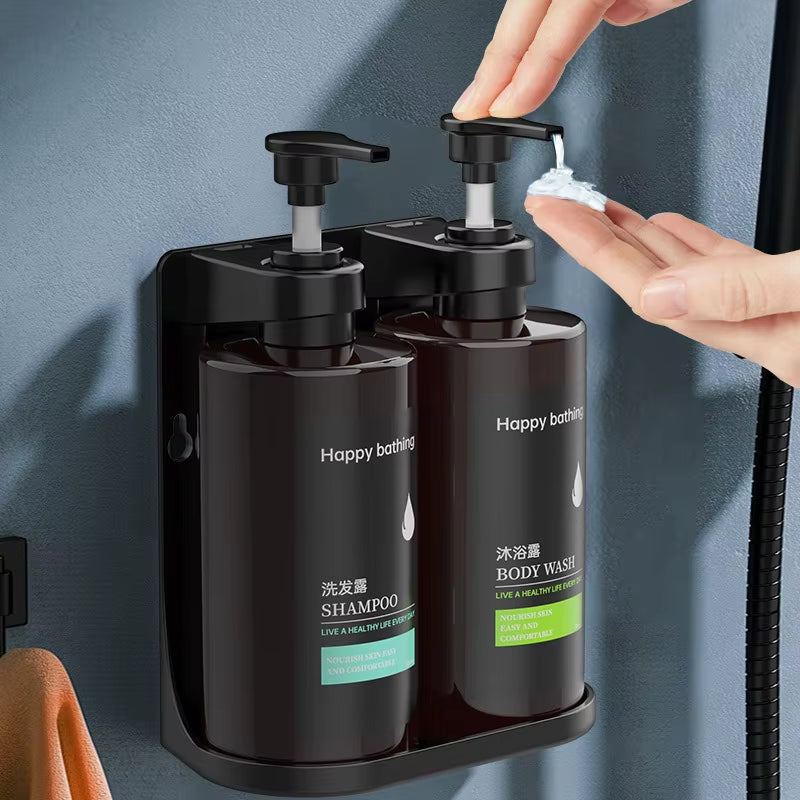 No-drill wall-mounted soap dispenser with dual pumps, black
