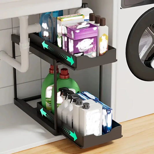 Double-Layer Pull-Out Kitchen Storage Rack, Non-Slip and Stable, Multifunctional Storage Box with Five Hooks, Under-Sink Brush Double-Layer Drawer Storage Rack, Suitable for Kitchen and Bathroom Countertop Sink Storage